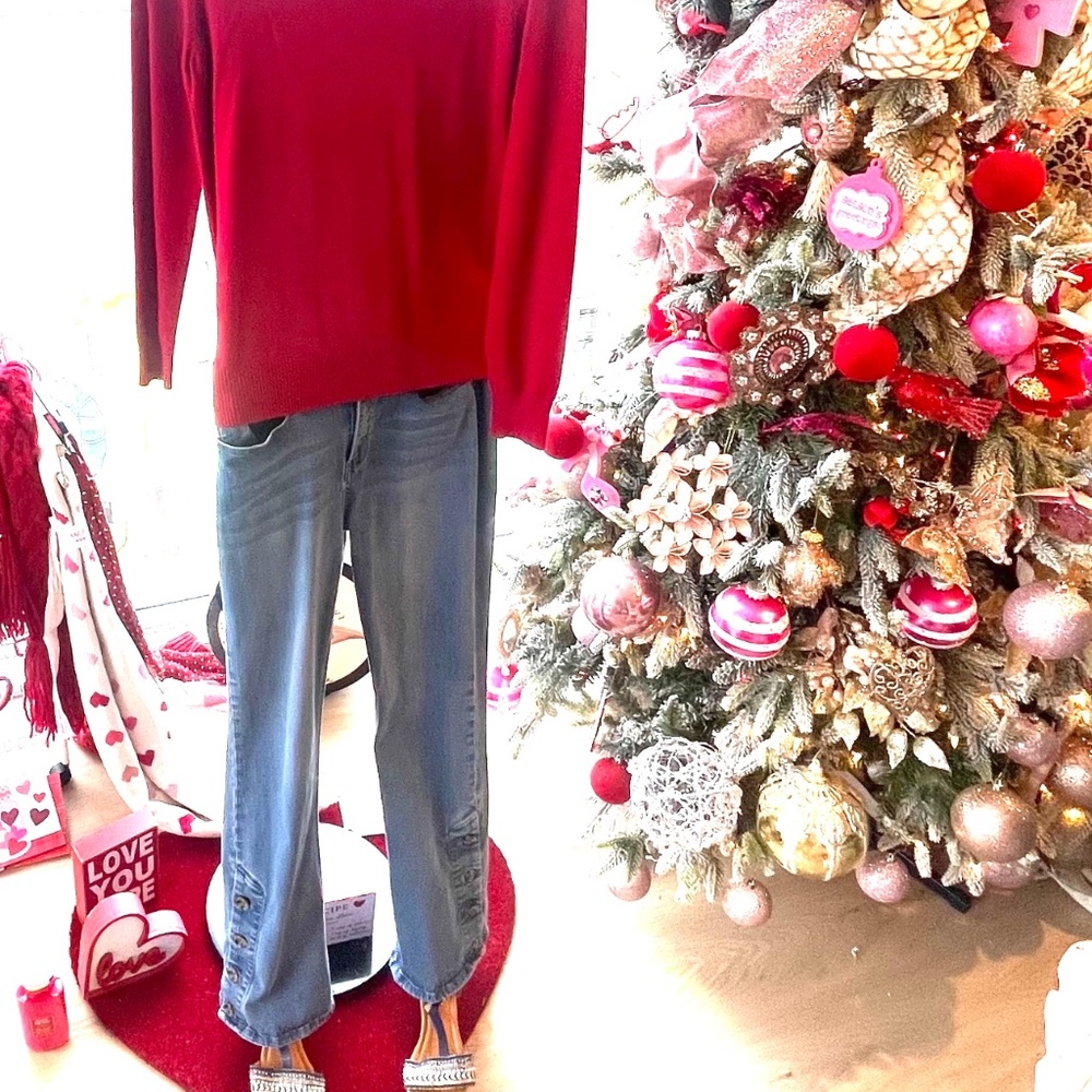Red & Denim Combo (Turtleneck & Flared Button Leg Jeans)